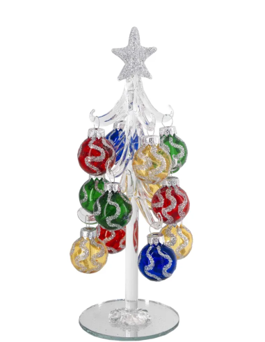 Alberello natalizio bianco con sfere con onde multicolore e stella argento