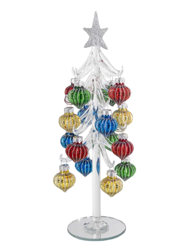 Alberello natalizio bianco con sfere rigate multicolore e stella argento