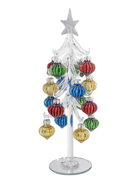 Alberello natalizio bianco con sfere rigate multicolore e stella argento