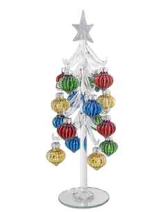 Alberello natalizio bianco con sfere rigate multicolore e stella argento 2