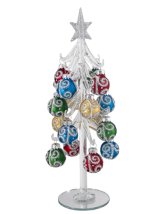Alberello natalizio bianco con sfere con spirali multicolore e stella argento