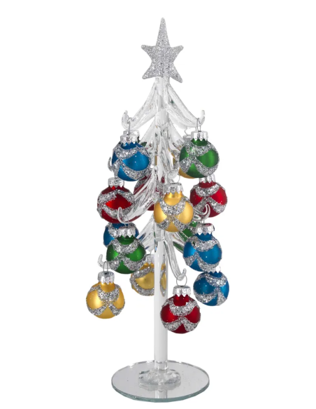 Alberello natalizio bianco con sfere con fasce glitter multicolore e stella argento