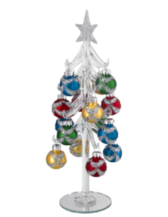 Alberello natalizio bianco con sfere con fasce glitter multicolore e stella argento 2