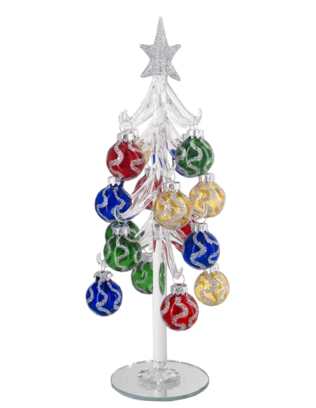 Alberello natalizio bianco con sfere con onde multicolore e stella argento
