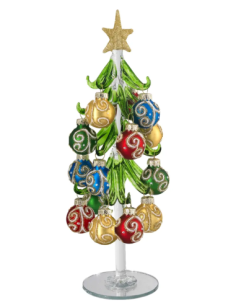 Alberello natalizio verde con sfere con spirali multicolore e stella oro