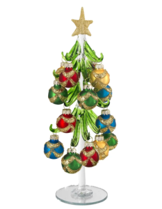 Alberello natalizio verde con sfere con fasce glitter multicolore e stella oro 2