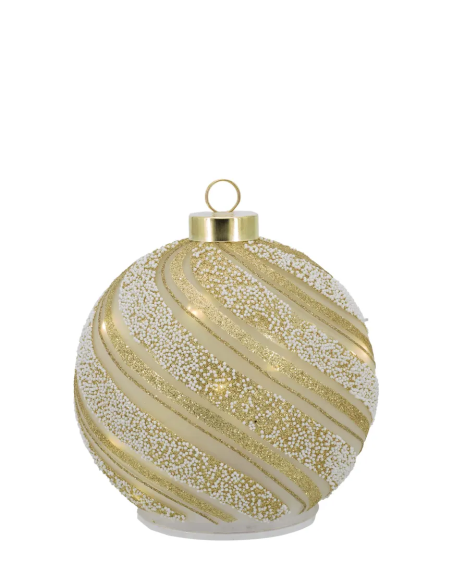Sfera natalizia girevole bianco-oro con fasce diagonali glitter oro