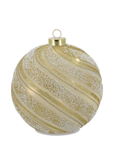 Sfera natalizia girevole bianco-oro con fasce diagonali glitter oro