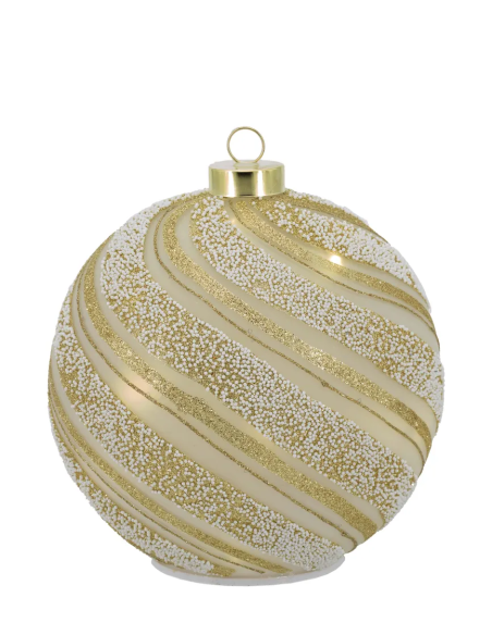 Sfera natalizia girevole bianco-oro con fasce diagonali glitter oro