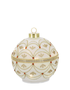 Sfera natalizia girevole bianco-oro con fregio a foglie oro con piccoli dettagli rossi