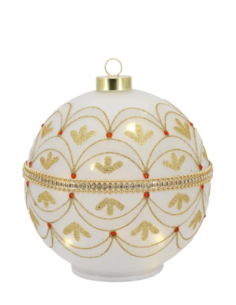Sfera natalizia girevole bianco-oro con fregio a foglie oro con piccoli dettagli rossi 2