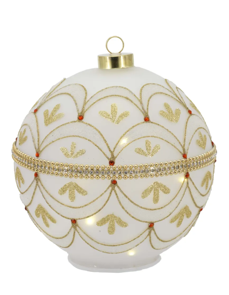 Sfera natalizia girevole bianco-oro con fregio a foglie oro con piccoli dettagli rossi
