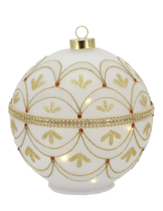 Sfera natalizia girevole bianco-oro con fregio a foglie oro con piccoli dettagli rossi 2