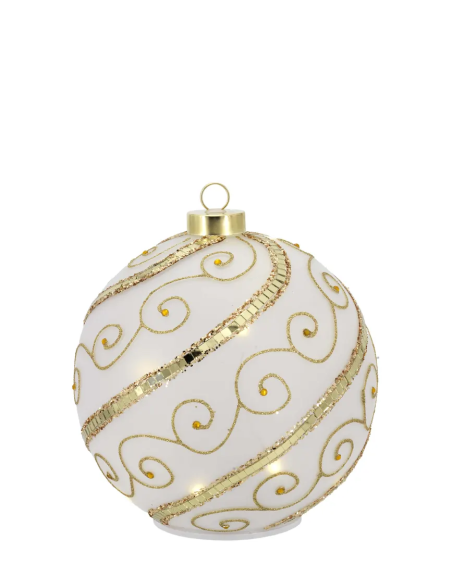 Sfera natalizia girevole bianco-oro con spirali oro con piccoli dettagli rossi