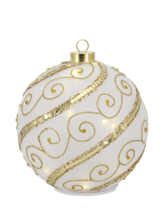Sfera natalizia girevole bianco-oro con spirali oro con piccoli dettagli rossi