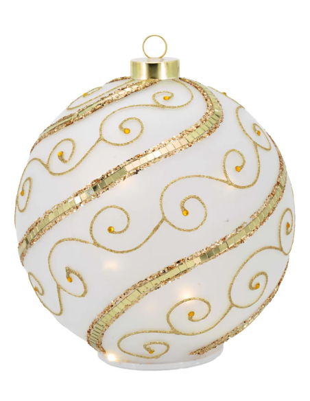 Sfera natalizia girevole bianco-oro con spirali oro con piccoli dettagli rossi