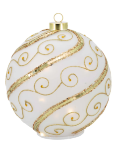 Sfera natalizia girevole bianco-oro con spirali oro con piccoli dettagli rossi 2