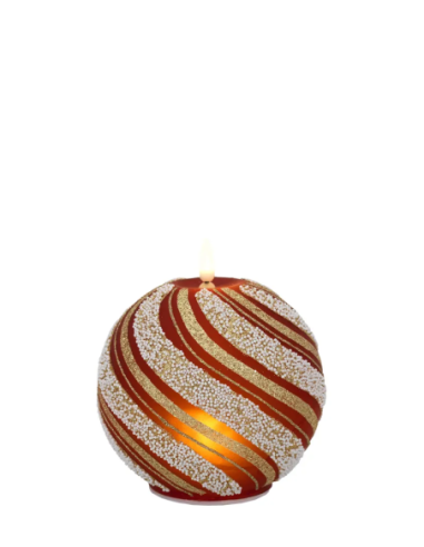 Sfera natalizia luminosa con fiammella LED e spirali rosse e glitter oro