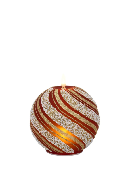 Sfera natalizia luminosa con fiammella LED e spirali rosse e glitter oro
