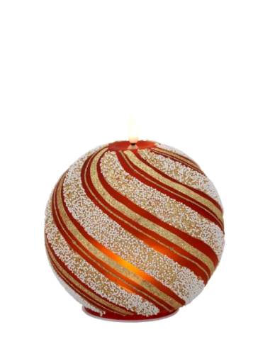 Sfera natalizia luminosa con fiammella LED e spirali rosse e glitter oro