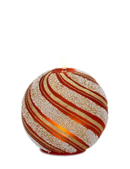 Sfera natalizia luminosa con fiammella LED e spirali rosse e glitter oro