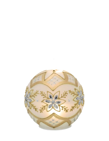 Sfera natalizia luminosa con fiammella LED e motivo floreale e fiocco di neve oro