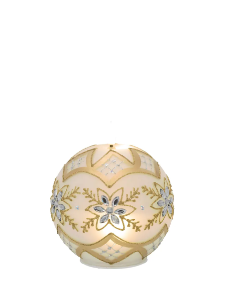 Sfera natalizia luminosa con fiammella LED e motivo floreale e fiocco di neve oro