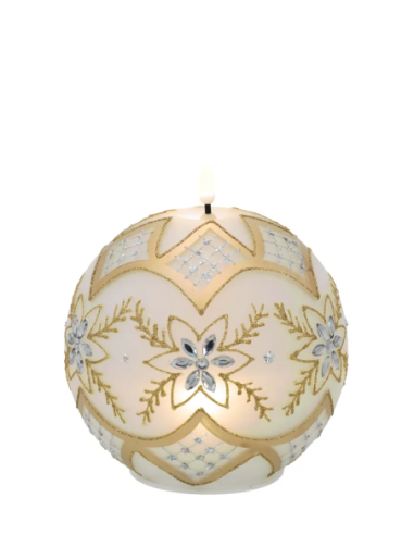 Sfera natalizia luminosa con fiammella LED e motivo floreale e fiocco di neve oro