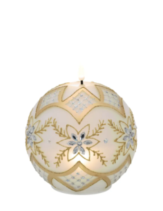 Sfera natalizia luminosa con fiammella LED e motivo floreale e fiocco di neve oro 2