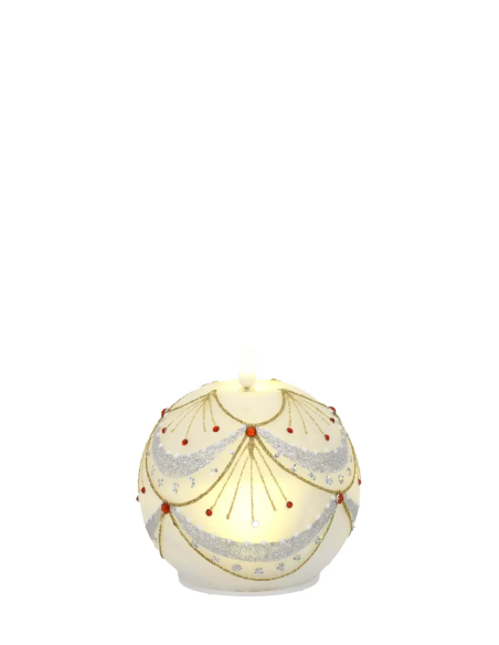 Sfera natalizia luminosa con fiammella LED e festoni e linee oro con piccoli dettagli rossi