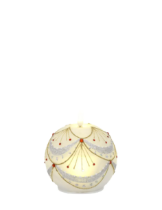Sfera natalizia luminosa con fiammella LED e festoni e linee oro con piccoli dettagli rossi 2