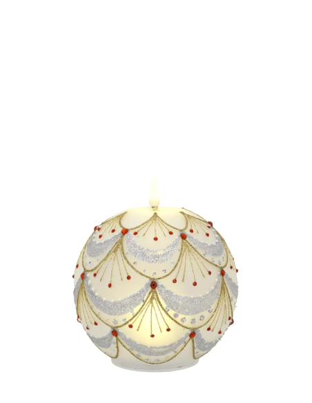 Sfera natalizia luminosa con fiammella LED e festoni e linee oro con piccoli dettagli rossi