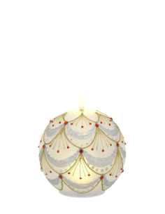 Sfera natalizia luminosa con fiammella LED e festoni e linee oro con piccoli dettagli rossi 2