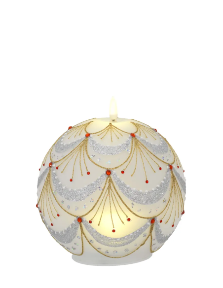 Sfera natalizia luminosa con fiammella LED e festoni e linee oro con piccoli dettagli rossi