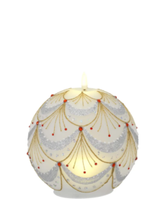 Sfera natalizia luminosa con fiammella LED e festoni e linee oro con piccoli dettagli rossi 2