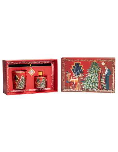 Cofanetto regalo natalizio orizzontale scena  con albero di Natale su fondo rosso