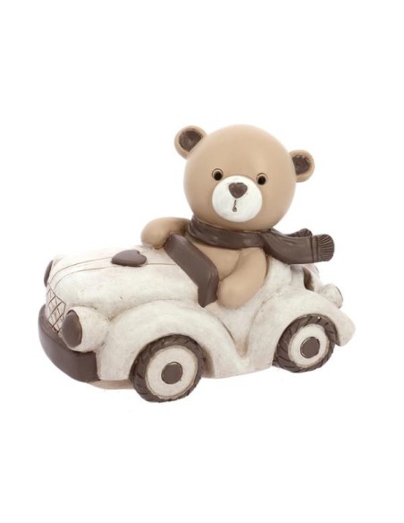 Salvadanaio orsetto auto beige in resina 13x8cm x h9cm | G3S