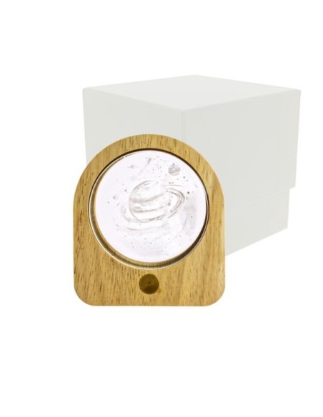 Luce notturna ovale LED Saturno 3D in vetro e legno 7,5x8,5cm con astuccio | G3S