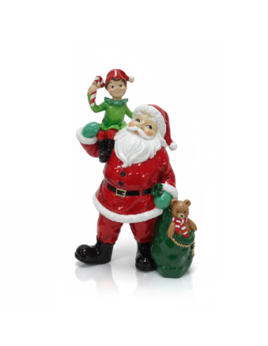 Babbo natale con elfo sulla spalla porta regali