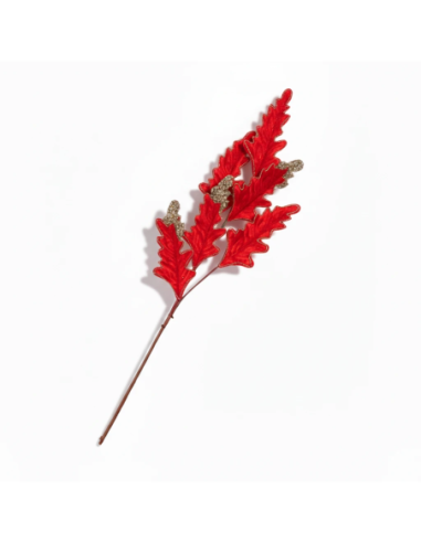 Stelo 6 foglie in velluto glitter rosso 80 cm