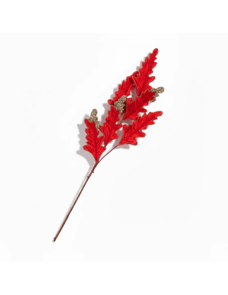 Stelo 6 foglie in velluto glitter rosso 80 cm